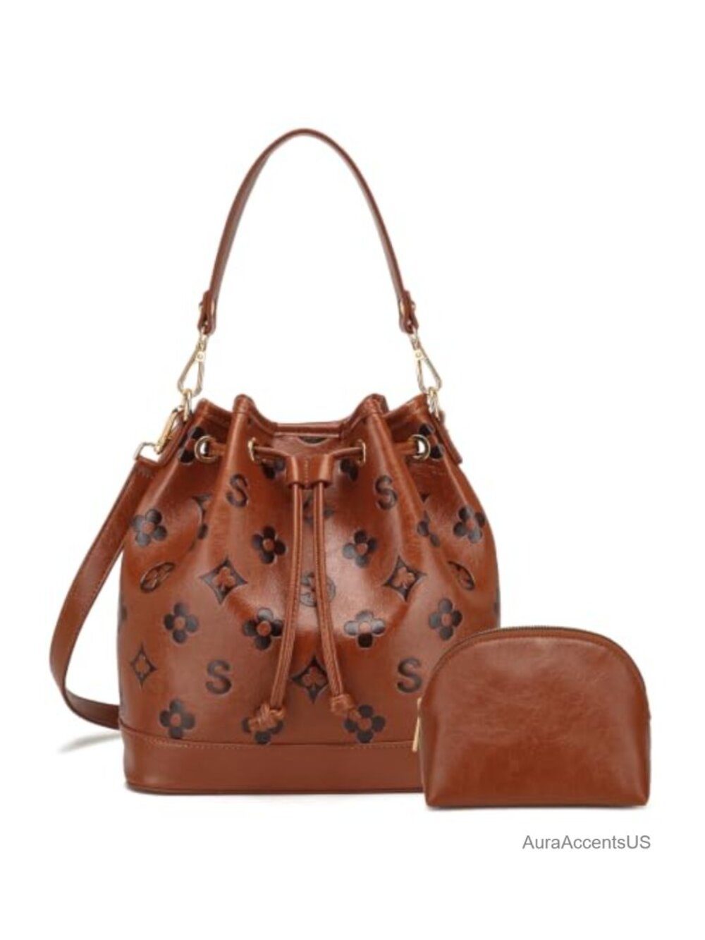2 Piece Bucket Bag Set Embossed Vegan Leather Crossbody Shoulder Handbag
